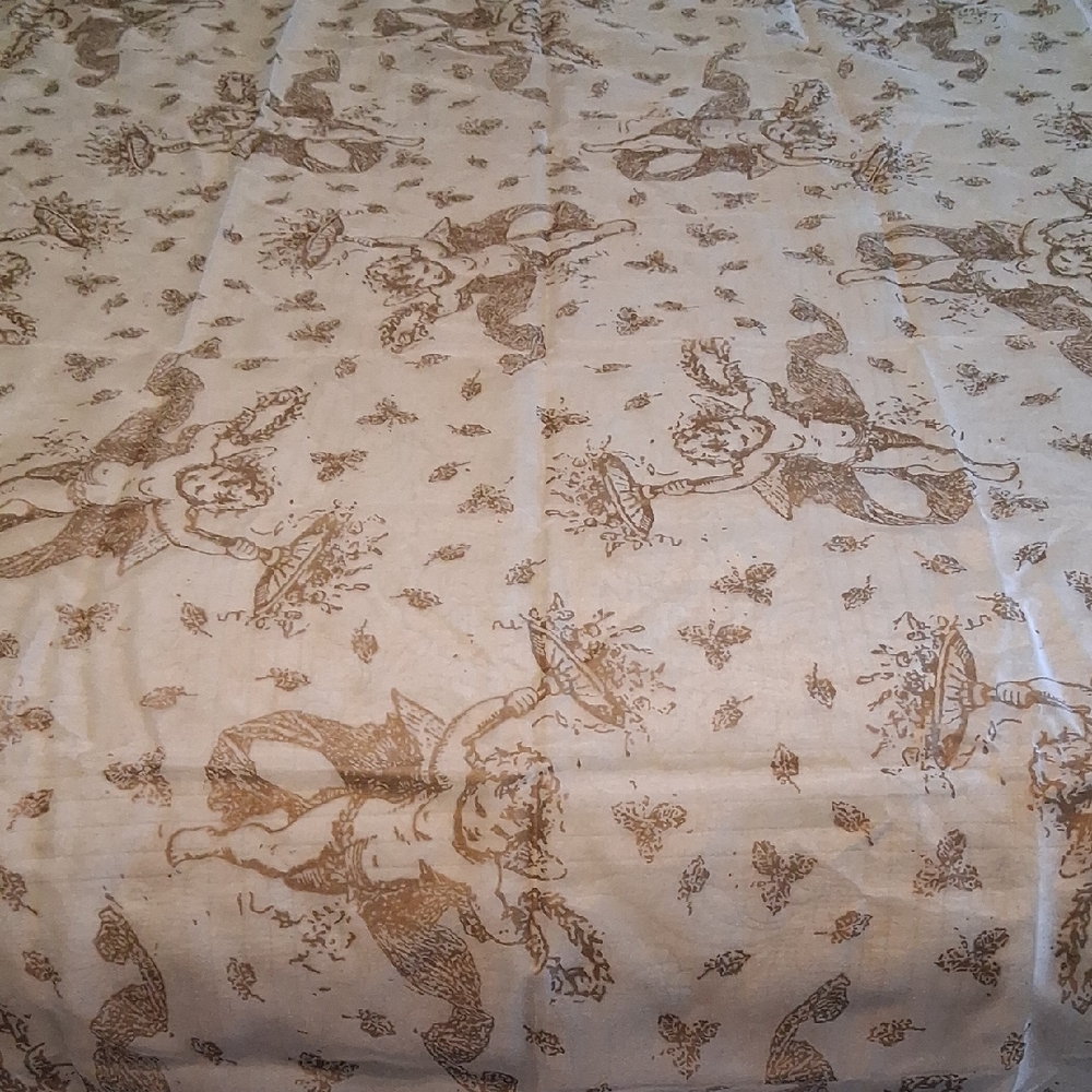 Gorgeous Organza Tablecloth With Gold Embossed Angels, EUC